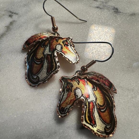 Handmade Boho Copper Feather Estuarian Horse‎ Wire Drop Earrings, Gift Box - Picture 5 of 9